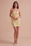Pink Yellow Floral Sparkly Sequin Short Cocktail Dress