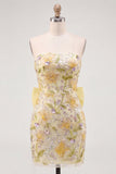 Pink Yellow Floral Sparkly Sequin Short Cocktail Dress