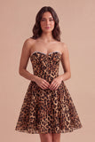 Brown Leopard Corset Beaded Short Cocktail Dress