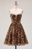 Brown Leopard Corset Beaded Short Cocktail Dress