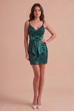 Dark Green Sparkly Sequin V-Neck Short Cocktail Dress