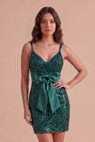 Dark Green Sparkly Sequin V-Neck Short Cocktail Dress