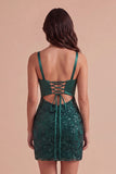 Dark Green Sparkly Sequin V-Neck Short Cocktail Dress