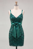 Dark Green Sparkly Sequin V-Neck Short Cocktail Dress