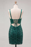 Dark Green Sparkly Sequin V-Neck Short Cocktail Dress