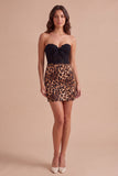 Black and Leopard Sweetheart Short Corset Cocktail Dress with Lace