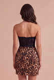 Black and Leopard Sweetheart Short Corset Cocktail Dress with Lace