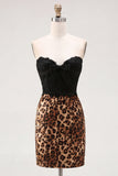 Black and Leopard Sweetheart Short Corset Cocktail Dress with Lace