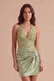 Sparkly Army Green Floral Beaded Corset Short Cocktail Dress