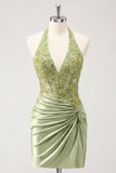 Sparkly Army Green Floral Beaded Corset Short Cocktail Dress