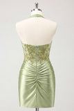 Sparkly Army Green Floral Beaded Corset Short Cocktail Dress