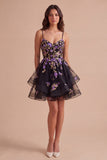 Black Sparkly Floral Sequin Spaghetti Straps Short Cocktail Dress