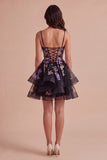 Black Sparkly Floral Sequin Spaghetti Straps Short Cocktail Dress
