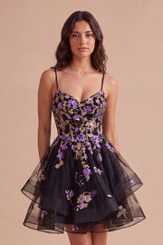 Black Sparkly Floral Sequin Spaghetti Straps Short Cocktail Dress