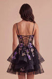 Black Sparkly Floral Sequin Spaghetti Straps Short Cocktail Dress