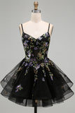 Black Sparkly Floral Sequin Spaghetti Straps Short Cocktail Dress