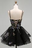 Black Sparkly Floral Sequin Spaghetti Straps Short Cocktail Dress