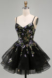 Black Sparkly Floral Sequin Spaghetti Straps Short Cocktail Dress
