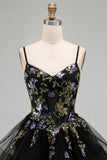Black Sparkly Floral Sequin Spaghetti Straps Short Cocktail Dress