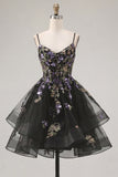 Black Sparkly Floral Sequin Spaghetti Straps Short Cocktail Dress