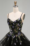Black Sparkly Floral Sequin Spaghetti Straps Short Cocktail Dress
