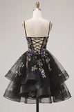 Black Sparkly Floral Sequin Spaghetti Straps Short Cocktail Dress