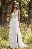 Ivory Floral A Line Spaghetti Straps Sweep Train Bridal Dress with Slit