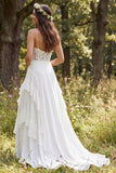 Ivory Floral A Line Spaghetti Straps Sweep Train Bridal Dress with Slit