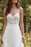 Ivory Floral A Line Spaghetti Straps Sweep Train Bridal Dress with Slit