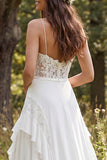 Ivory Floral A Line Spaghetti Straps Sweep Train Bridal Dress with Slit