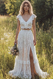 Ivory Floral 2 Piece V-Neck A Line Floor Length Bridal Dress with Slit