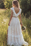 Ivory Floral 2 Piece V-Neck A Line Floor Length Bridal Dress with Slit