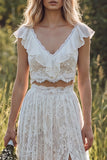 Ivory Floral 2 Piece V-Neck A Line Floor Length Bridal Dress with Slit