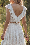 Ivory Floral 2 Piece V-Neck A Line Floor Length Bridal Dress with Slit