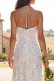 Ivory Floral Halter A Line Floor Length Bridal Dress
