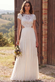 Ivory Boat Neck A Line Floor Length Bridal Dress with Lace