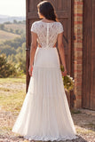 Ivory Boat Neck A Line Floor Length Bridal Dress with Lace