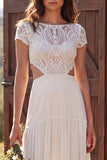 Ivory Boat Neck A Line Floor Length Bridal Dress with Lace