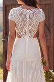 Ivory Boat Neck A Line Floor Length Bridal Dress with Lace