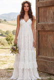 Ivory Floral Lace Spaghetti Straps A Line Ruffled Floor Length Bridal Dress