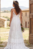 Ivory Floral Lace Spaghetti Straps A Line Ruffled Floor Length Bridal Dress