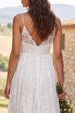 Ivory Floral Lace Spaghetti Straps A Line Ruffled Floor Length Bridal Dress