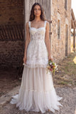 Ivory Floral Corset Thick Straps A Line Ruffled Floor Length Bridal Dress with Lace