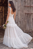 Ivory Floral Corset Thick Straps A Line Ruffled Floor Length Bridal Dress with Lace