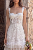 Ivory Floral Corset Thick Straps A Line Ruffled Floor Length Bridal Dress with Lace