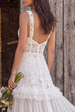 Ivory Floral Corset Thick Straps A Line Ruffled Floor Length Bridal Dress with Lace