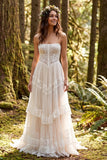 Ivory Floral Corset Strapless A Line Ruffled Sweep Train Bridal Dress with Lace