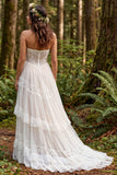 Ivory Floral Corset Strapless A Line Ruffled Sweep Train Bridal Dress with Lace