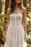 Ivory Floral Corset Strapless A Line Ruffled Sweep Train Bridal Dress with Lace