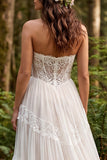 Ivory Floral Corset Strapless A Line Ruffled Sweep Train Bridal Dress with Lace